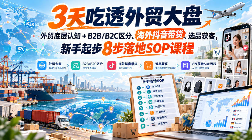 3天吃透外贸大盘，外贸底层认知+B2B/B2C区分、海外抖音带货、选品获客，新手起步8步落地SOP课程-资源后花园