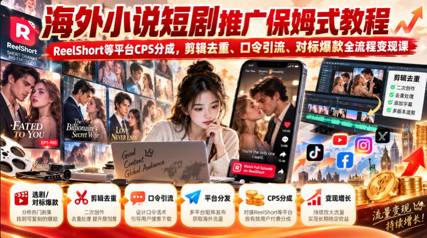 海外小说短剧推广保姆式教程｜ReelShort等平台CPS分成，剪辑去重、口令引流、对标爆款全流程变现课-资源后花园