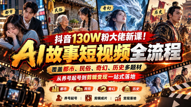 抖音130W粉大佬新课！AI故事短视频全流程，覆盖都市、民俗、奇幻、历史多题材，从养号起号到剪辑变现一站式落地-资源后花园