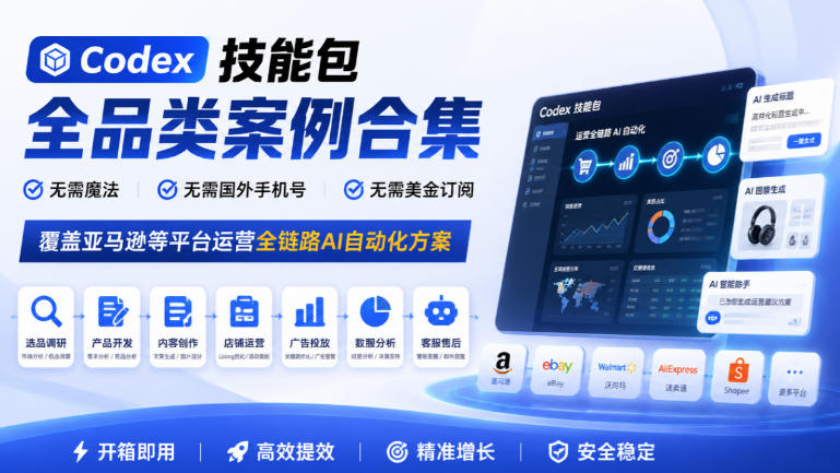 Codex技能包全品类案例合集，无需魔法、无需国外手机号、无需美金订阅，覆盖亚马逊等平台运营全链路AI自动化方案-资源后花园