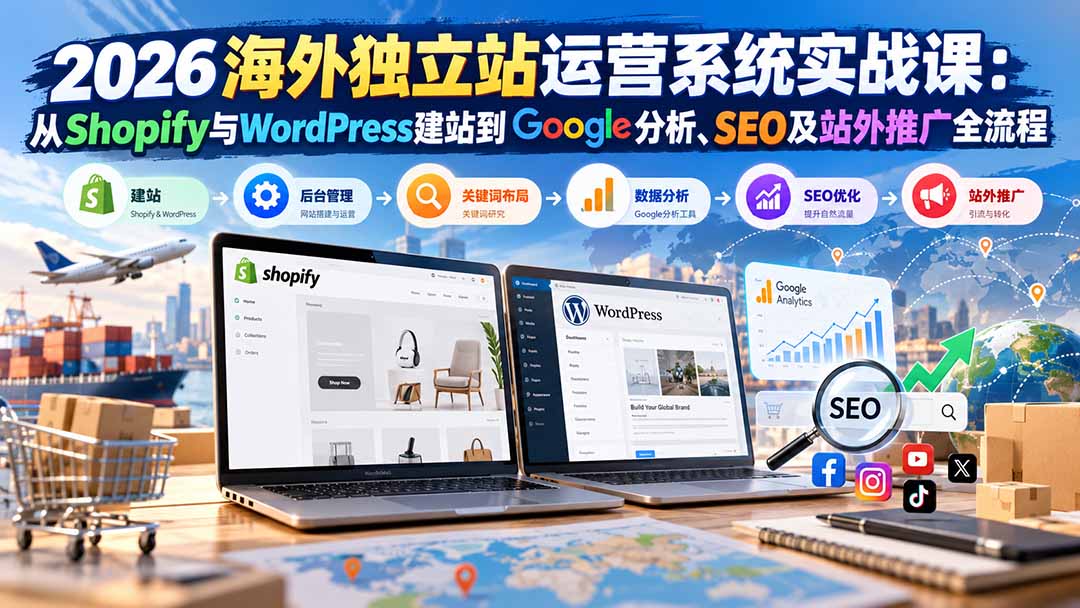 2026海外独立站运营系统实战课:从Shopify与WordPress建站到Google分析、SEO及站外推广全流程