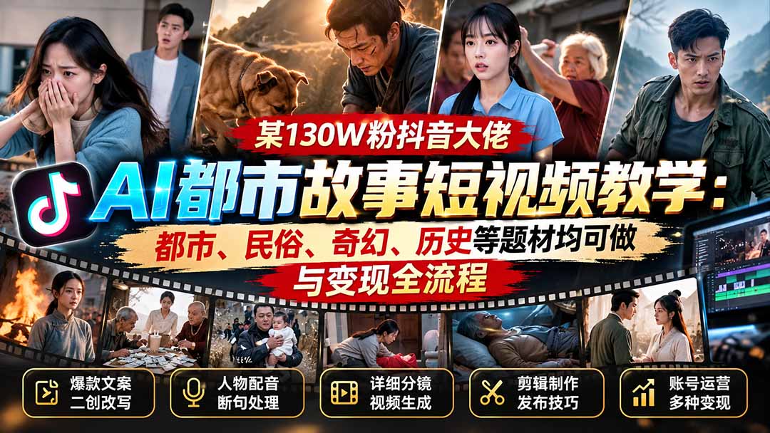 某130W粉抖音大佬AI都市故事短视频教学：都市、民俗、奇幻、历史等题材均可做与变现全流程-资源后花园