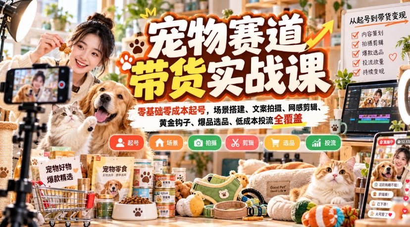 宠物赛道带货实战课，零基础零成本起号，场景搭建、文案拍摄、网感剪辑、黄金钩子、爆品选品、低成本投流全覆盖-资源后花园