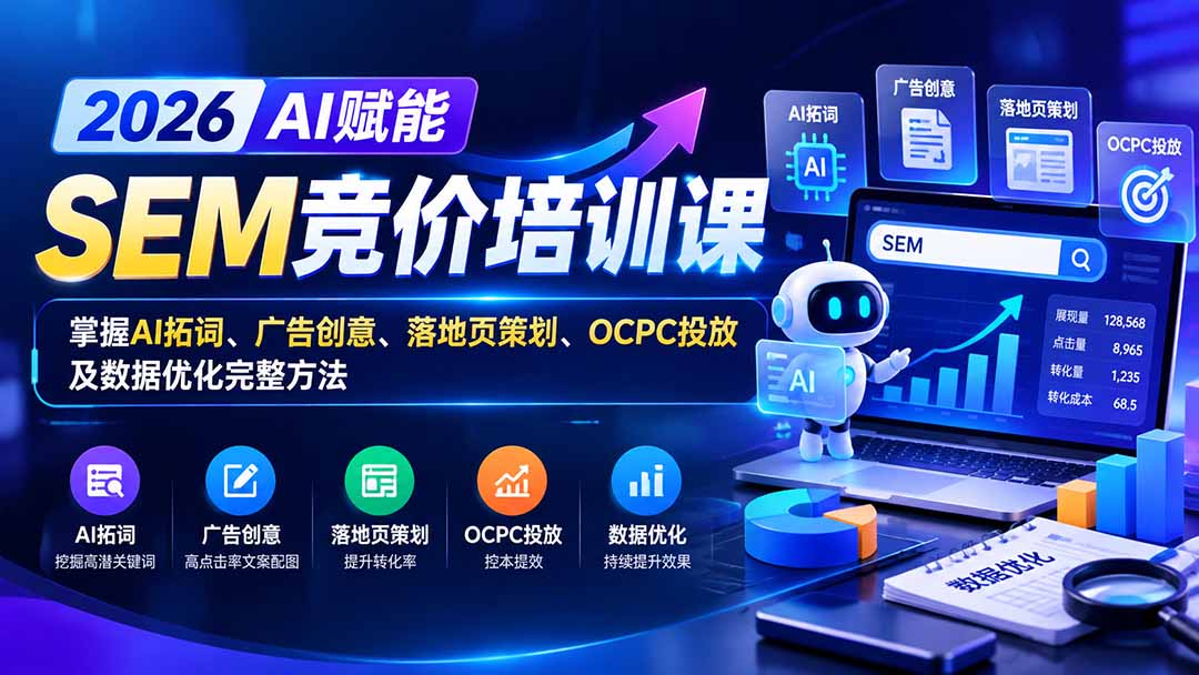 【无水印】2026AI赋能SEM竞价培训课：掌握AI拓词、广告创意、落地页策划、OCPC投放及数据优化完整方法-资源后花园