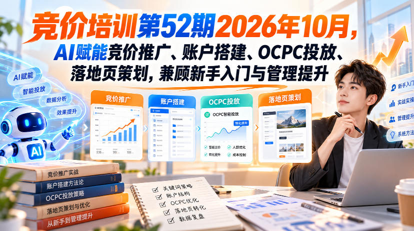 【无水印】竞价培训第52期2026年10月，AI赋能竞价推广、账户搭建、OCPC投放、落地页策划，兼顾新手入门与管理提升-资源后花园