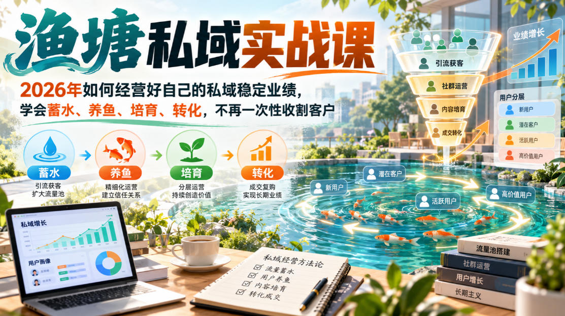 渔塘私域实战课，2026年如何经营好自己的私域稳定业绩，学会蓄水、养鱼、培育、转化，不再一次性收割客户-资源后花园