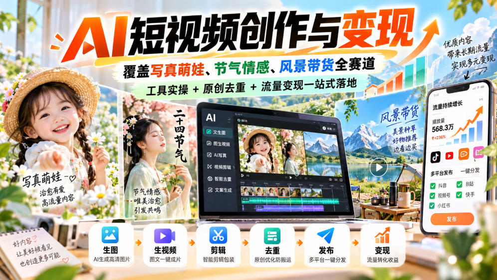 AI短视频创作与变现，覆盖写真萌娃、节气情感、风景带货全赛道，工具实操+原创去重+流量变现一站式落地-资源后花园
