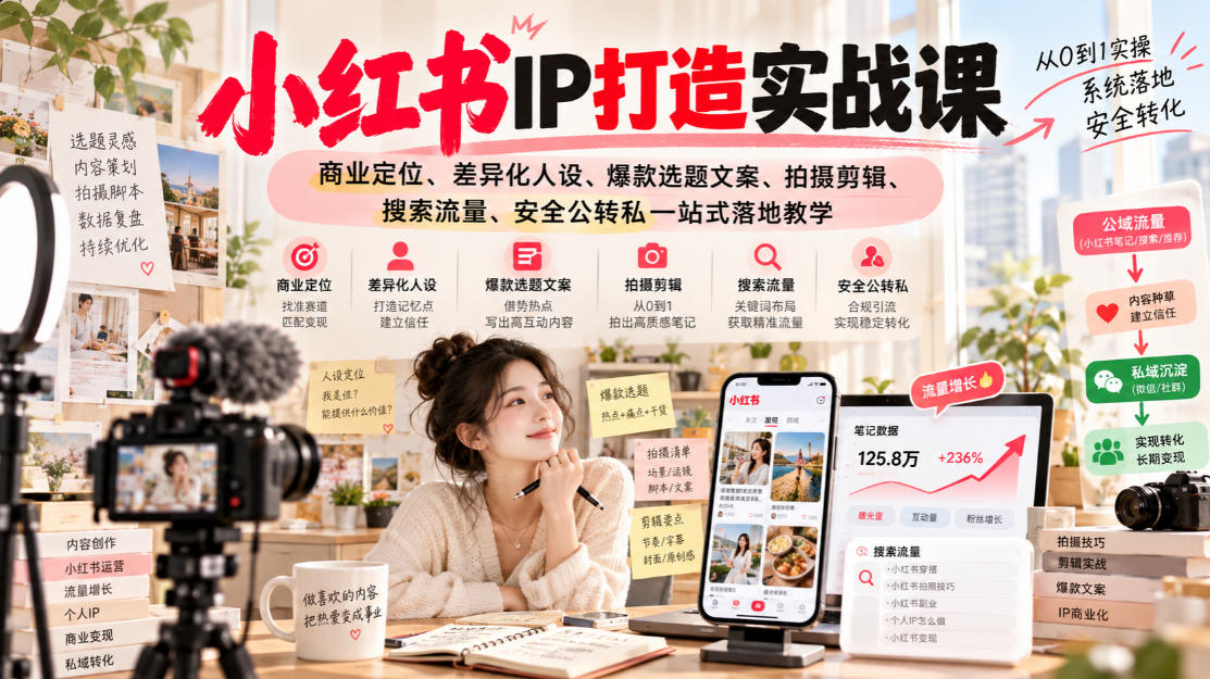 小红书ip打造实战课，商业定位、差异化人设、爆款选题文案、拍摄剪辑、搜索流量、安全公转私一站式落地教学-资源后花园