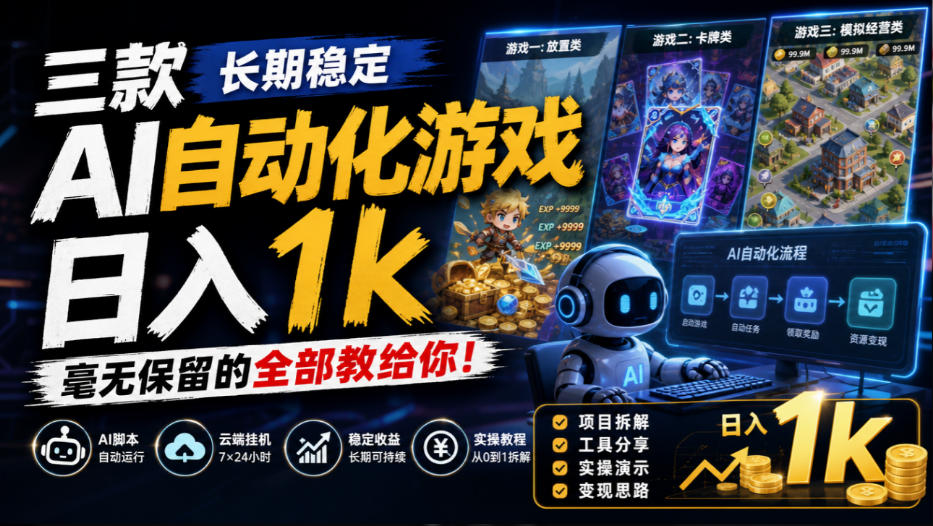 三款长期稳定AI自动化游戏，日入1k，毫无保留的全部教给你！【揭秘】-资源后花园