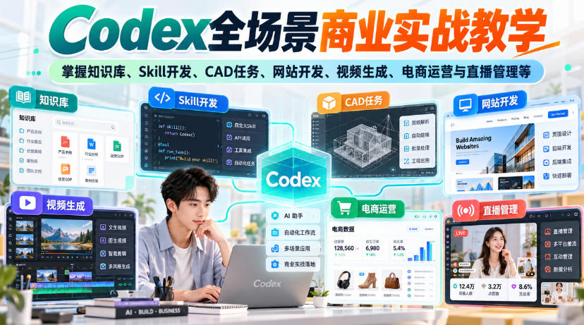 【无水印】Codex全场景商业实战教学，掌握知识库、Skill开发、CAD任务、网站开发、视频生成、电商运营与直播管理等-资源后花园