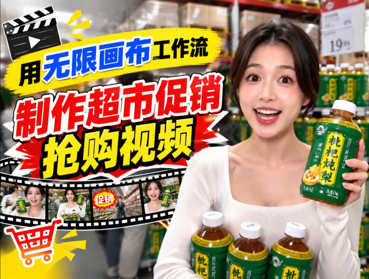 无限画布超市促销抢购视频工作流，一键产出TikTok抖音带货短视频-资源后花园