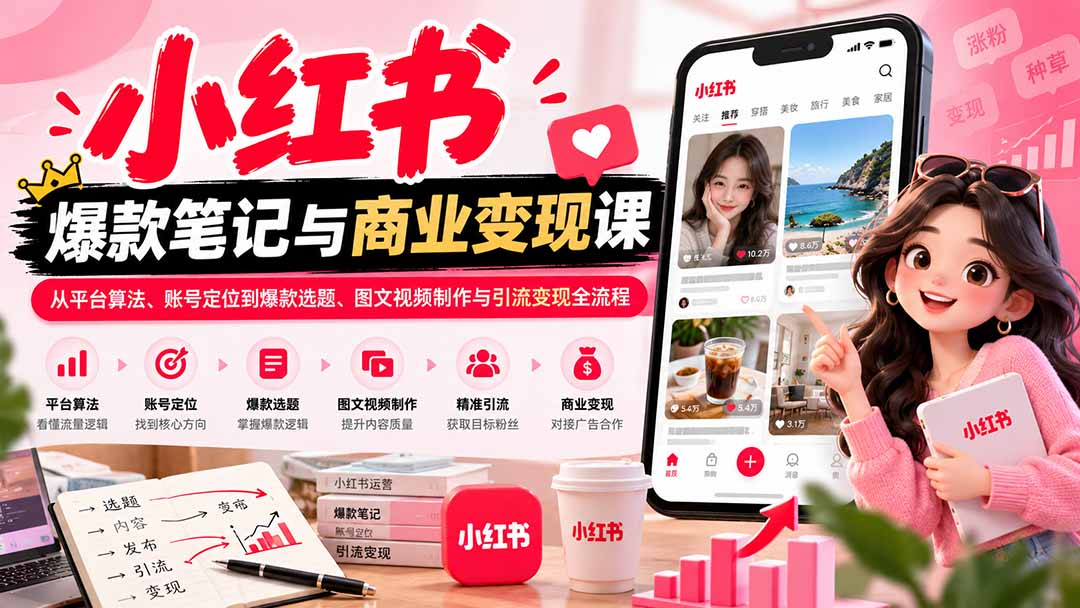 2026小红书爆款笔记与商业变现课：从平台算法、账号定位到爆款选题、图文视频制作与引流变现全流程-资源后花园