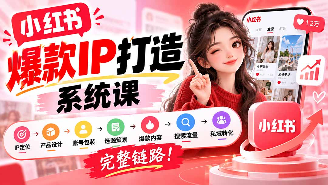 【无水印】小红书爆款IP打造课：IP定位→产品设计→账号包装→选题策划→爆款内容→搜索流量→私域转化，完整链路-资源后花园