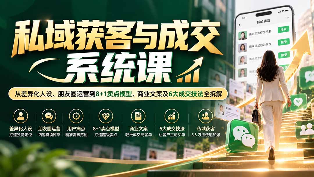 私域获客与成交系统课：从差异化人设、朋友圈运营到8+1卖点模型、商业文案及6大成交技法全拆解-资源后花园