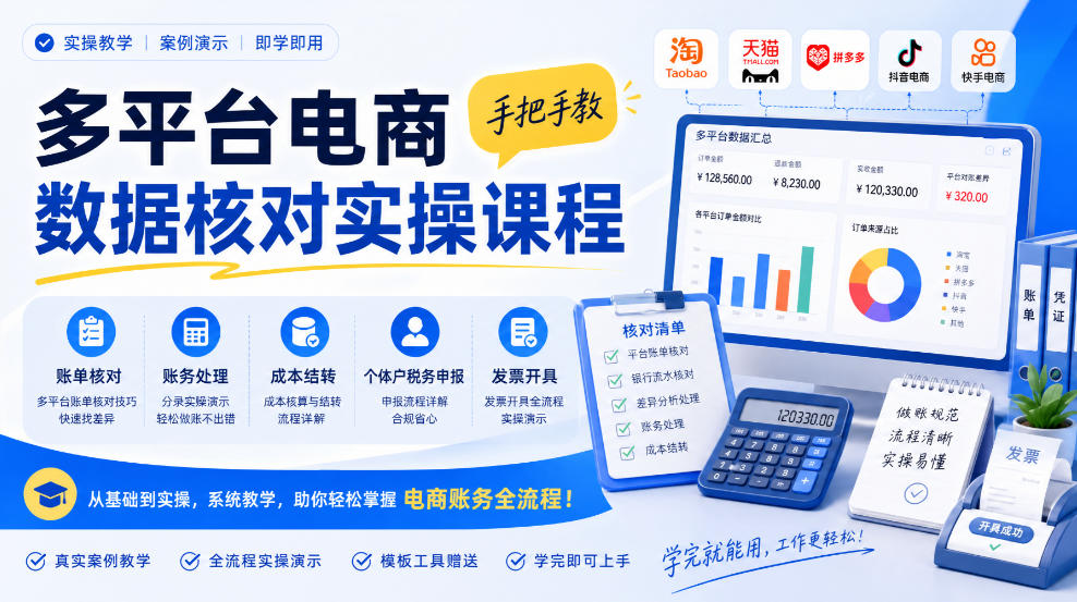多平台电商数据核对实操课程，手把手教账单核对、账务处理、成本结转、个体户税务申报与发票开具-资源后花园