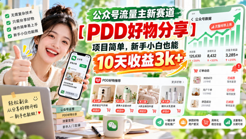 公众号流量主新赛道【PDD好物分享】，项目简单，新手小白也能10天收益3k+-资源后花园