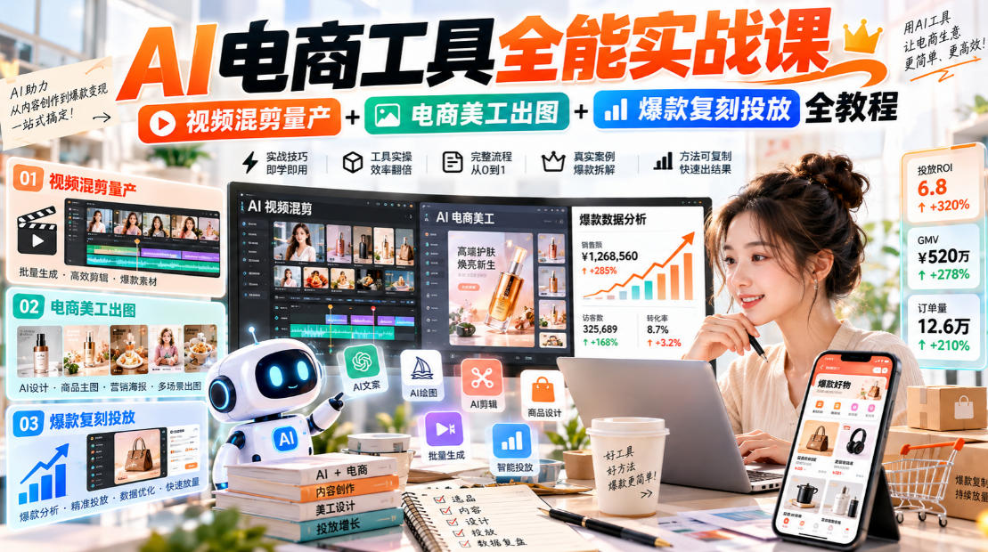 AI电商工具全能实战教学，视频混剪量产+电商美工出图+爆款复刻投放全教程​-资源后花园