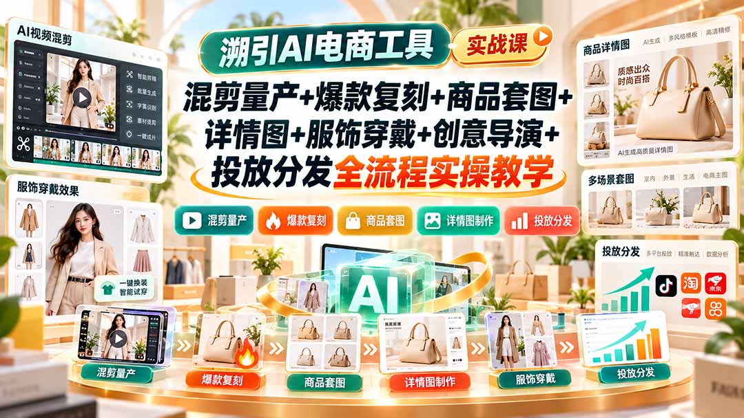 溯引AI电商工具实战课：混剪量产+爆款复刻+商品套图+详情图+服饰穿戴+创意导演+投放分发全流程实操教学-资源后花园