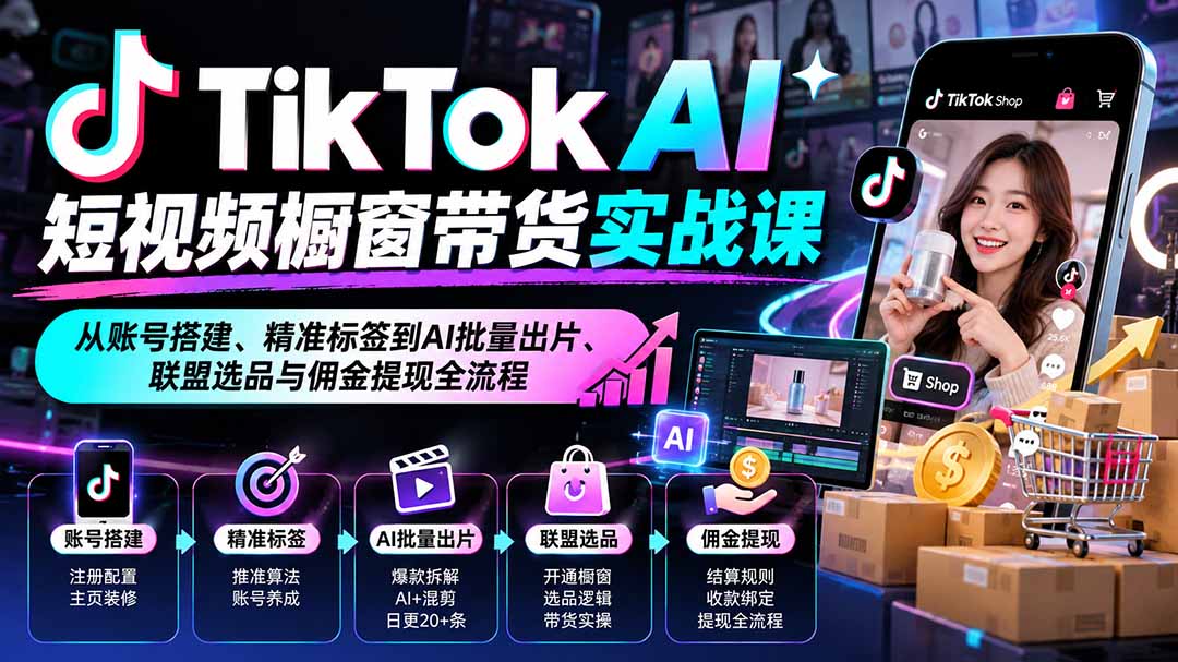 TikTok AI短视频橱窗带货实战课：从账号搭建、精准标签到AI批量出片、联盟选品与佣金提现全流程-资源后花园