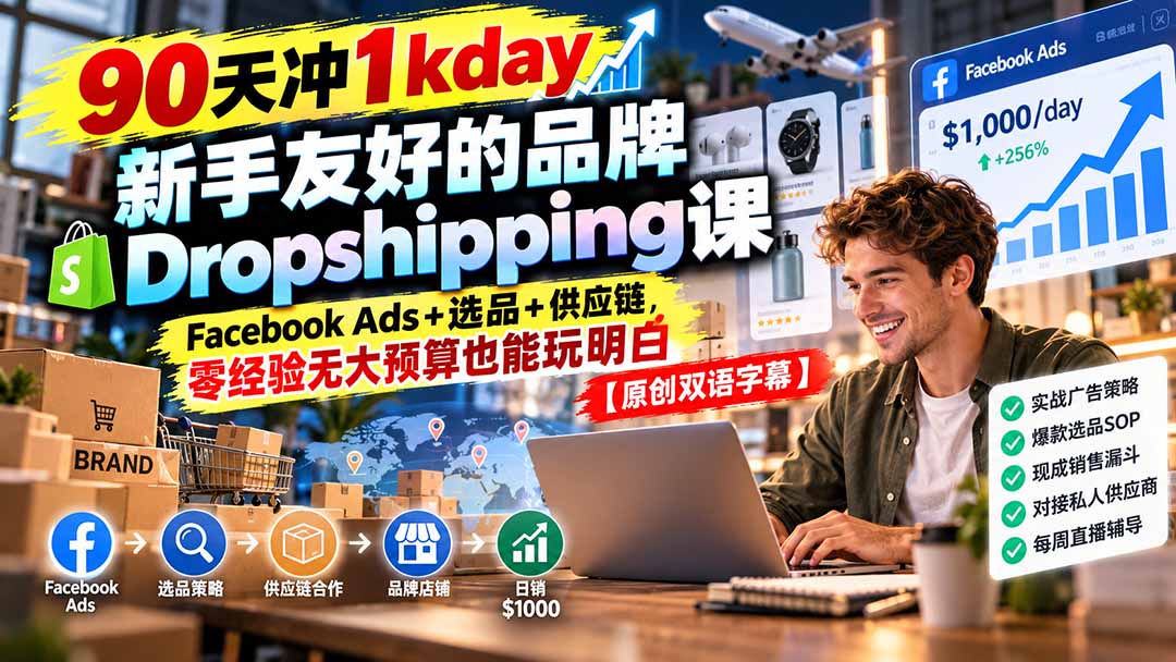 90天冲1kday 新手友好的品牌Dropshipping课：Facebook Ads+选品+供应链，零经验无大预算也能玩明白【原创双语字幕】-资源后花园