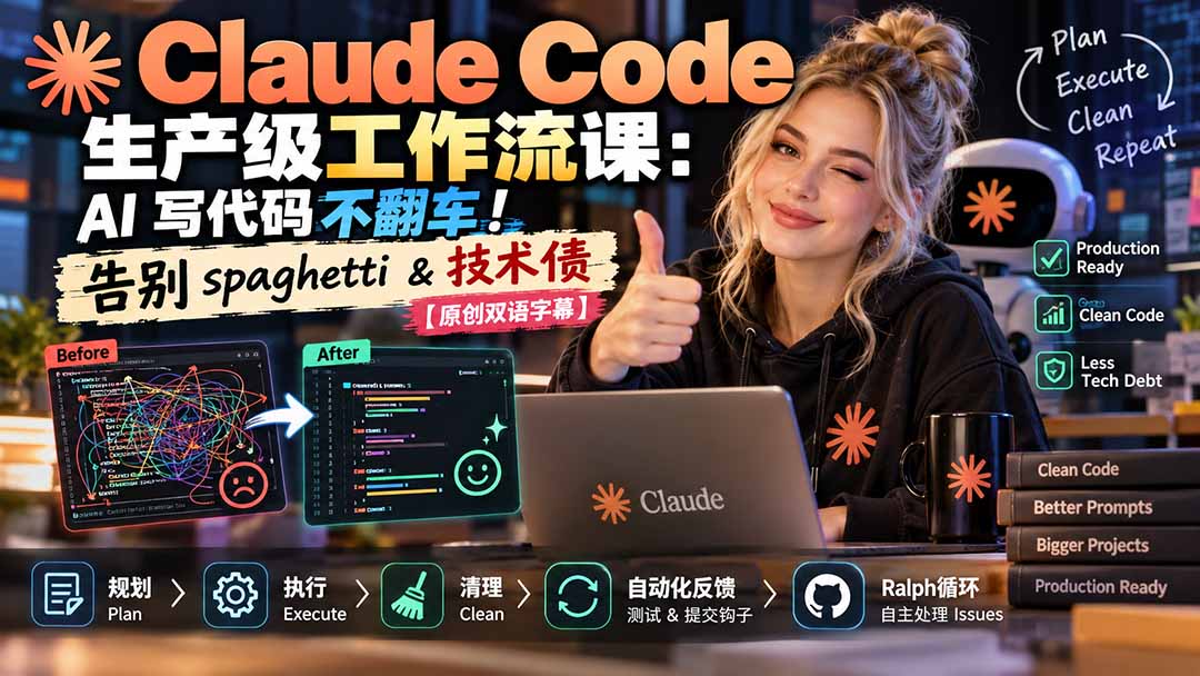 Claude Code 生产级工作流课：AI 写代码不翻车！告别 spaghetti &amp; 技术债【原创双语字幕】
