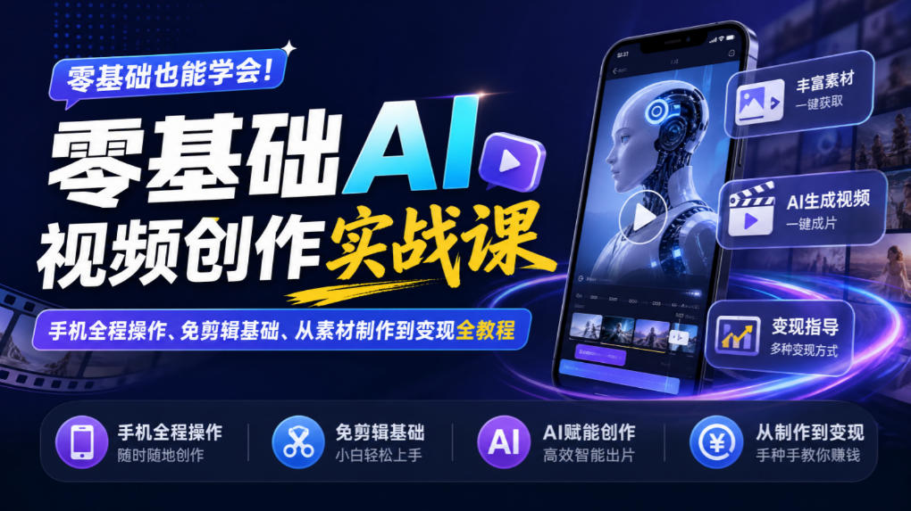 零基础AI视频创作实战课｜手机全程操作、免剪辑基础、从素材制作到变现全教程​-资源后花园