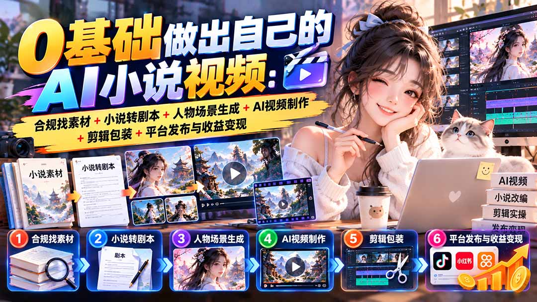 0基础做出自己的AI小说视频：合规找素材+小说转剧本+人物场景生成+AI视频制作+剪辑包装+平台发布与收益变现-资源后花园