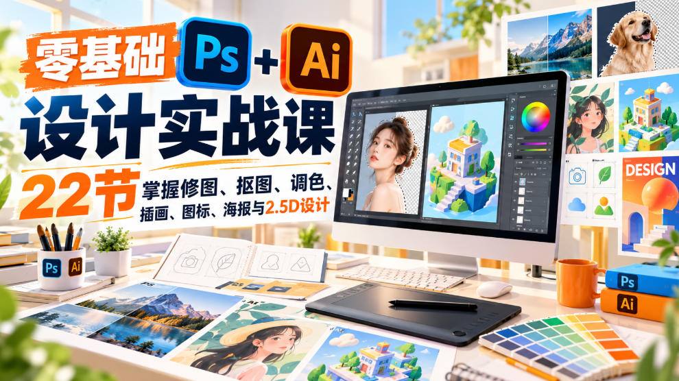 【无水印】零基础PS+AI设计实战课｜22节掌握修图、抠图、调色、插画、图标、海报与2.5D设计-资源后花园