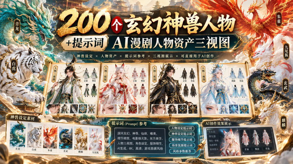 200个玄幻神兽人物+提示词ai漫剧人物资产三视图-资源后花园