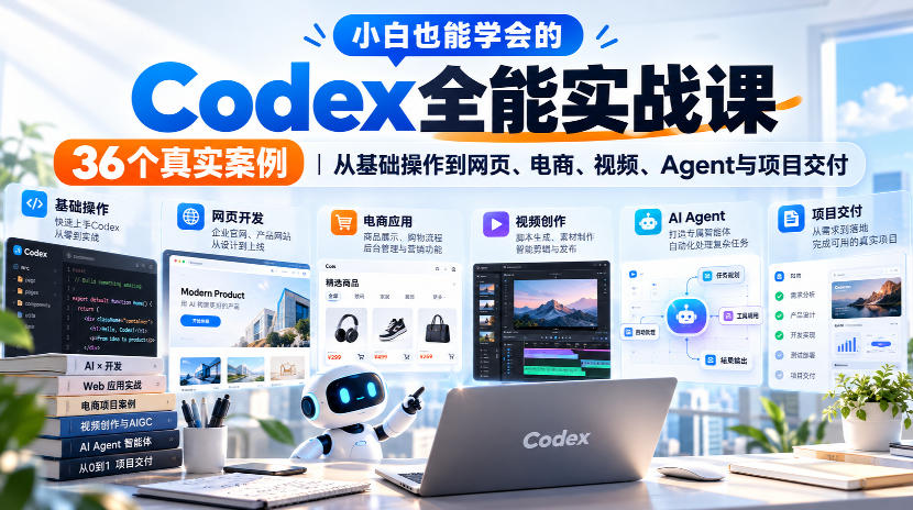 小白也能学会的Codex全能实战课｜36个真实案例，从基础操作到网页、电商、视频、Agent与项目交付-资源后花园