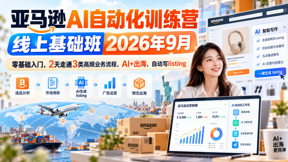 亚马逊AI自动化训练营线上基础班2026年9月，零基础入门，2天走通3类高频业务流程，AI+出海，自动写listing-资源后花园