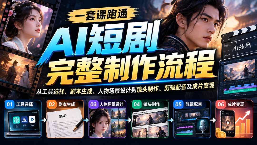 一套课跑通AI短剧完整制作流程：从工具选择、剧本生成、人物场景设计到镜头制作、剪辑配音及成片变现-资源后花园