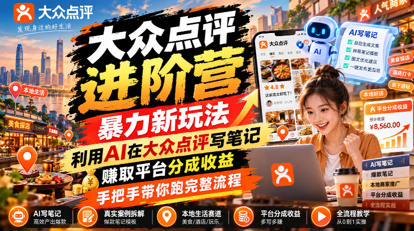 大众点评进阶营，暴力新玩法，利用AI在大众点评写笔记， 賺取平台分成收益，手把手带你跑完整流程-资源后花园