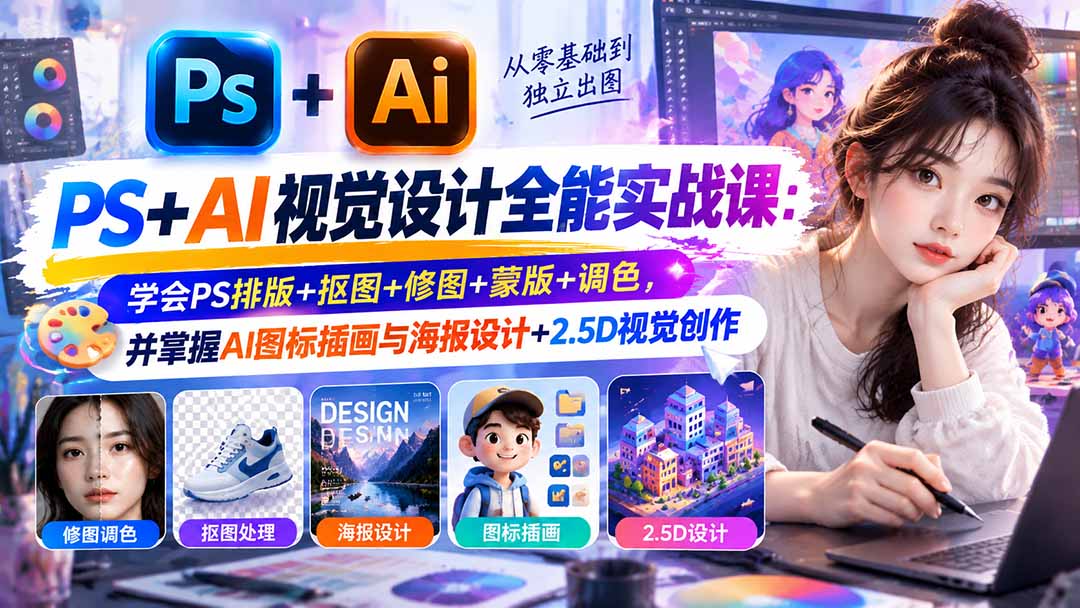 【无水印】PS+AI视觉设计全能实战课：学会PS排版+抠图+修图+蒙版+调色，并掌握AI图标插画与海报设计+2.5D视觉创作-资源后花园