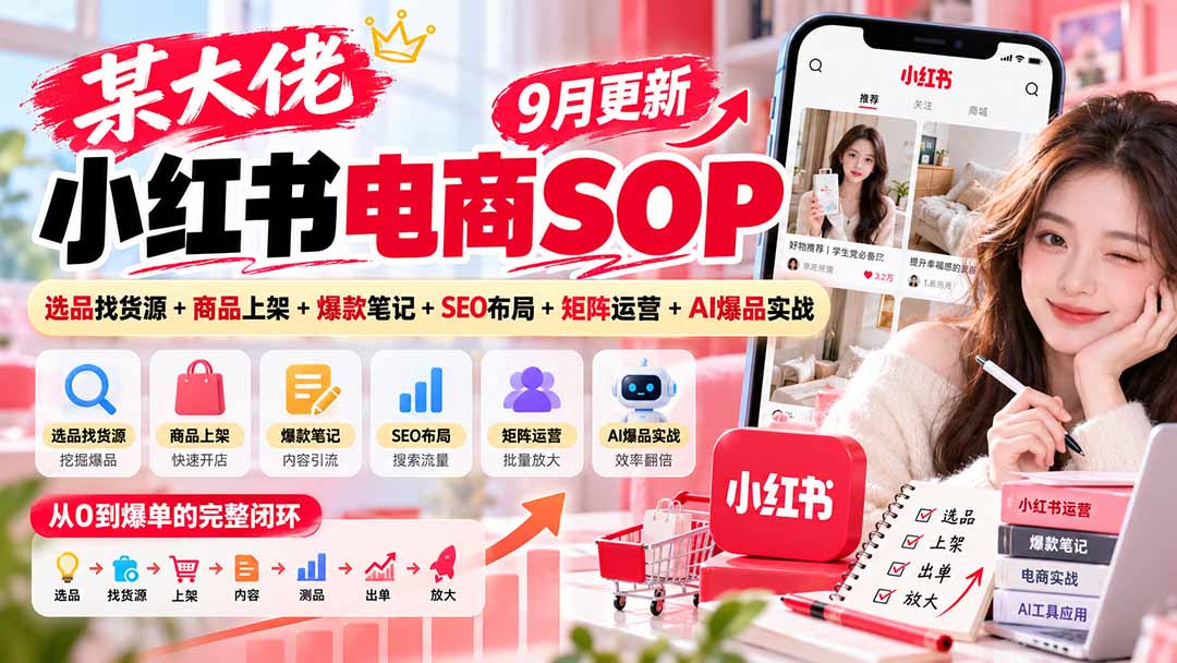 某大佬小红书电商SOP｜9月更新：选品找货源+商品上架+爆款笔记+SEO布局+矩阵运营+AI爆品实战-资源后花园