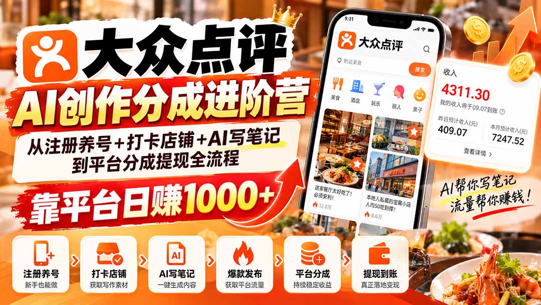 大众点评AI创作分成进阶营：从注册养号+打卡店铺+AI写笔记到平台分成提现全流程，靠平台日赚1000+-资源后花园