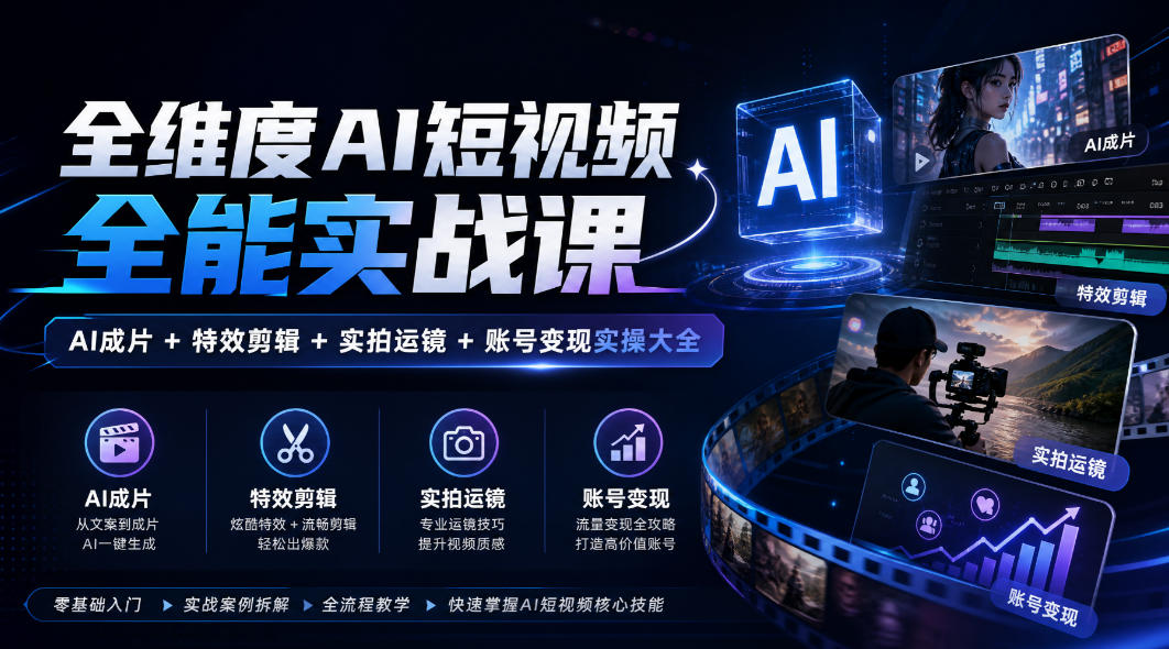 全维度AI短视频全能实战课，AI成片+特效剪辑+实拍运镜+账号变现实操大全-资源后花园
