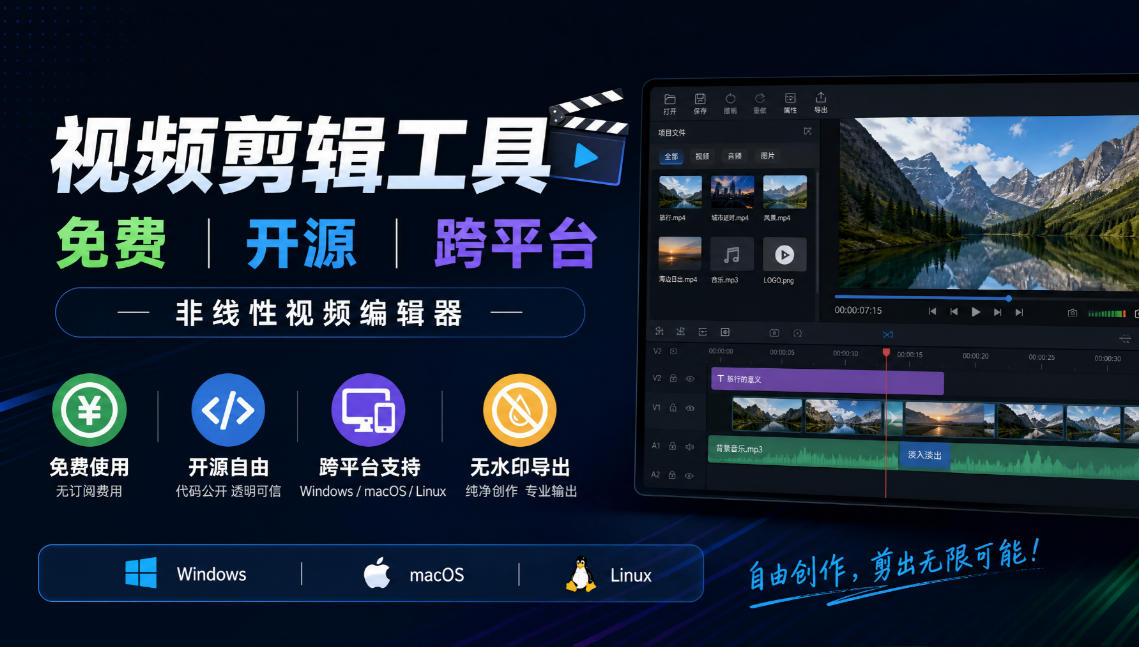 视频剪辑工具，免费、开源、跨平台，非线性视频编辑器，支持Windows、macOS、Linux，无水印、无订阅费用-资源后花园