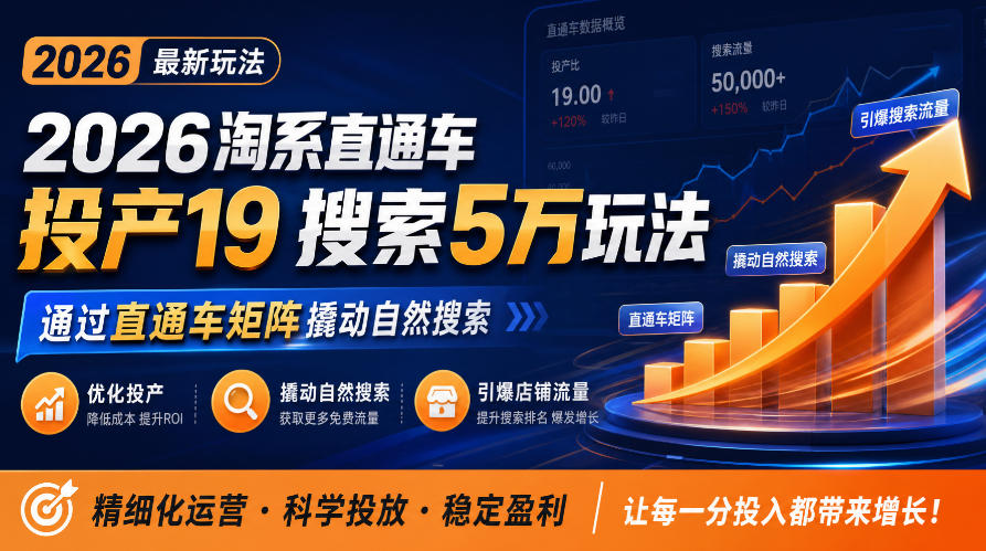 2026淘系直通车投产19搜索5万玩法，通过直通车矩阵撬动自然搜索，帮助商家优化投产，引爆店铺搜索流量-资源后花园