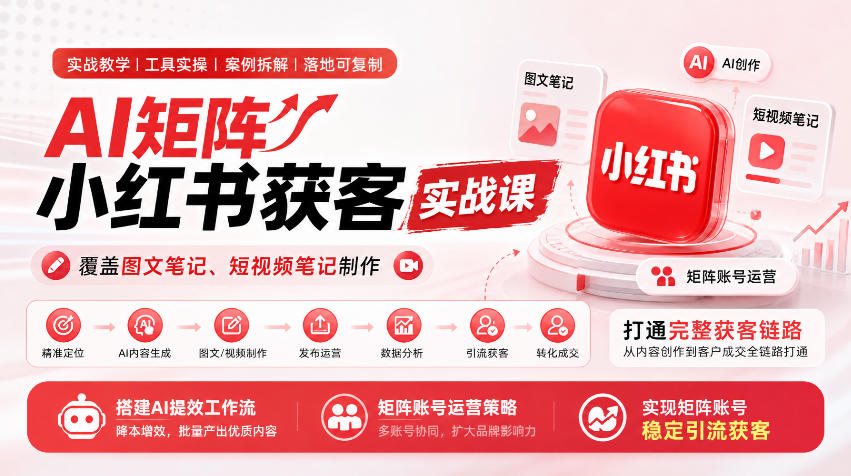 AI矩阵小红书获客实战课，覆盖图文笔记、短视频笔记制作，打通完整获客链路，搭建AI提效工作流，实现矩阵账号稳定引流获客-资源后花园