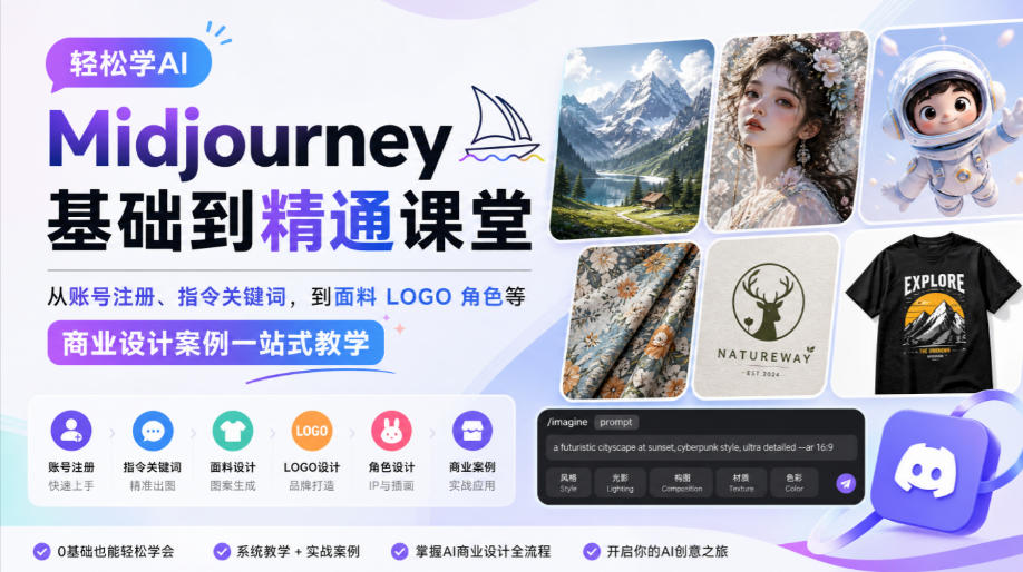 轻松学AI Midjourney基础到精通课堂，从账号注册、指令关键词，到面料LOGO角色等商业设计案例一站式教学-资源后花园