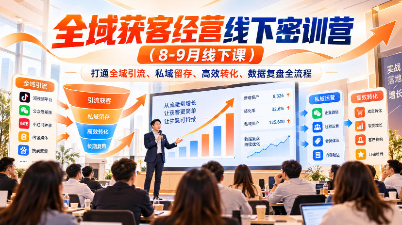 全域获客经营线下密训营(8-9月线下课)，打通全域引流、私域留存、高效转化、数据复盘全流程-资源后花园