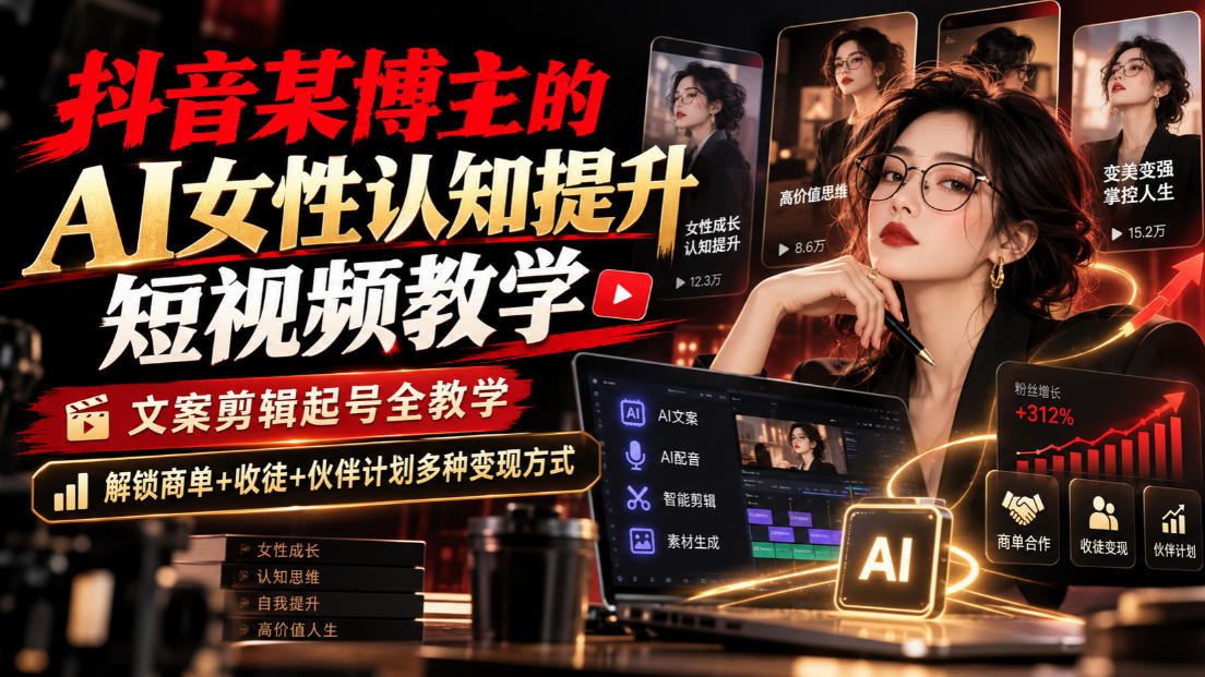 抖音某博主的Ai女性认知提升短视频教学，文案剪辑起号全教学，解锁商单+收徒+伙伴计划多种变现方式-资源后花园
