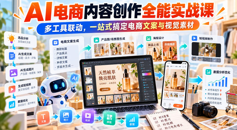 【无水印】AI电商内容创作全能实战课｜多工具联动，一站式搞定电商文案与视觉素材-资源后花园