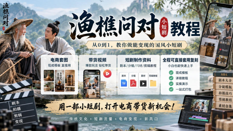 渔樵问对小短剧教程，包含电商套图、带货视频，短剧制作资料，全程可直接套用复刻-资源后花园
