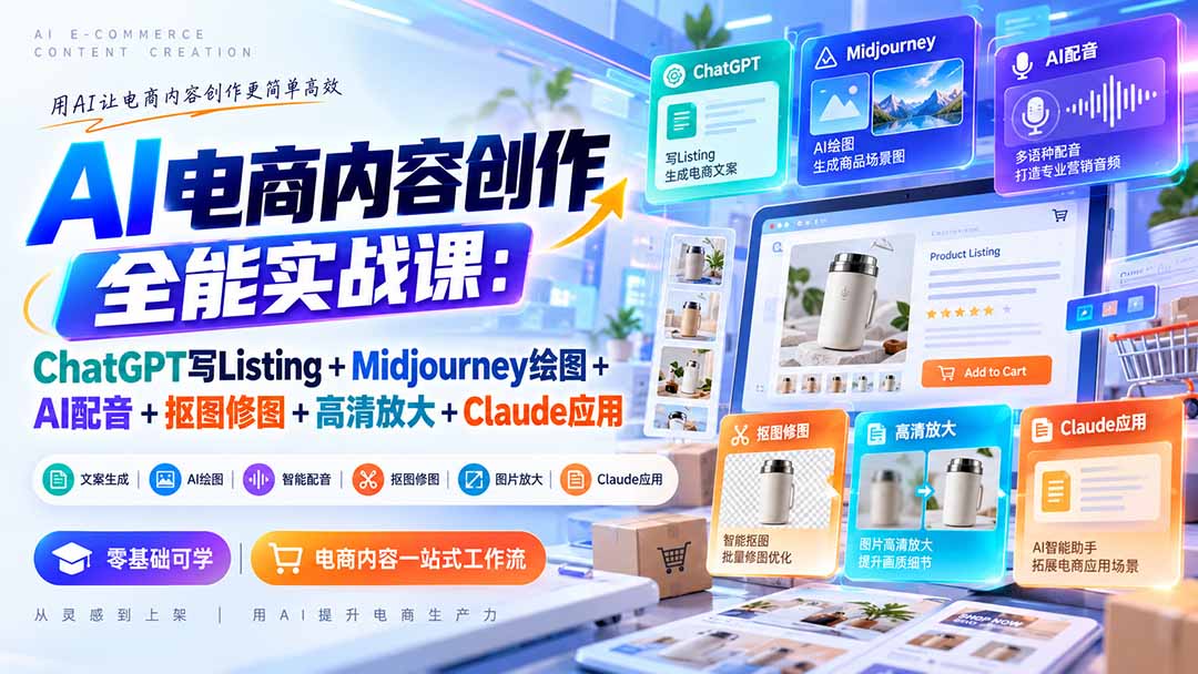 【无水印】AI电商内容创作全能实战课：ChatGPT写Listing+Midjourney绘图+AI配音+抠图修图+高清放大+Claude应用-资源后花园