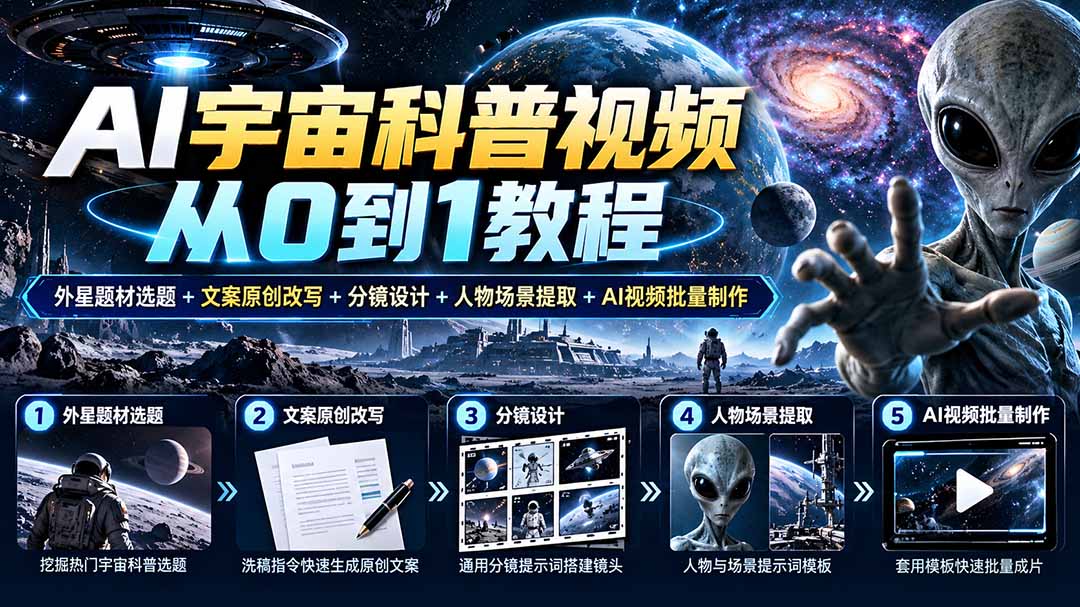AI宇宙科普视频从0到1教程｜外星题材选题+文案原创改写+分镜设计+人物场景提取+AI视频批量制作-资源后花园