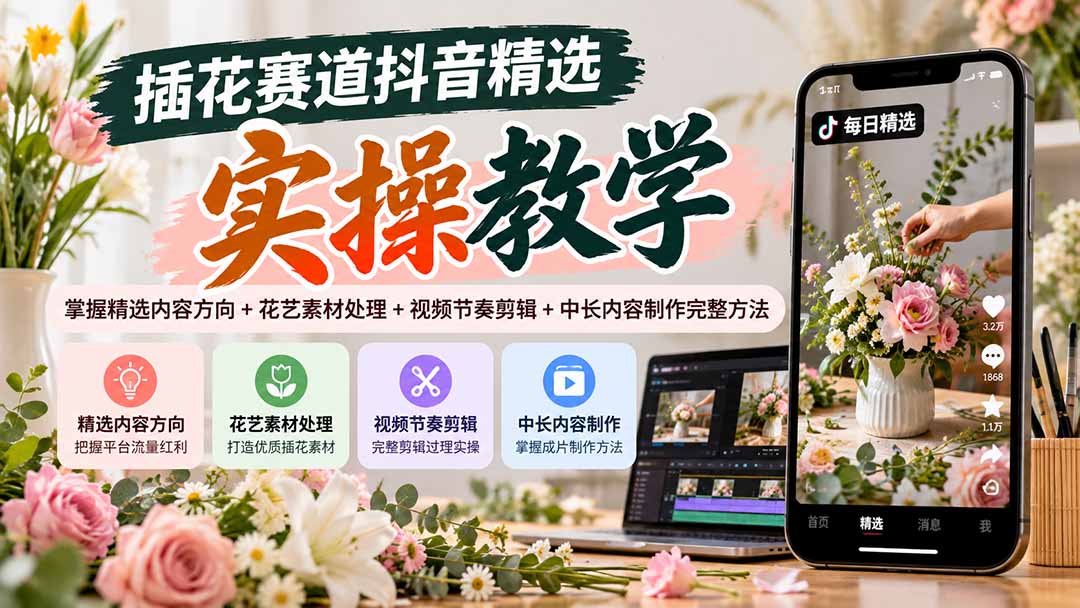 插花赛道抖音精选实操教学：掌握精选内容方向+花艺素材处理+视频节奏剪辑+中长内容制作完整方法-资源后花园