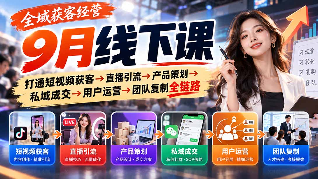全域获客经营9月线下课：打通短视频获客→直播引流→产品策划→私域成交→用户运营→团队复制全链路-资源后花园