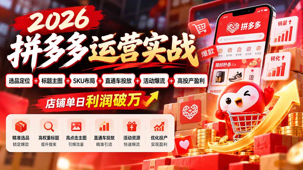 2026拼多多运营实战-更新1002：选品定位+标题主图+SKU布局+直通车投放+活动爆流+高投产盈利 店铺单日利润破万